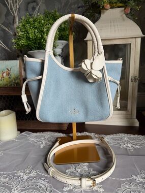 NWT Kate Spade Mini Cryall Leather Flower Blue Denim Fabric Tote Handbag Purse